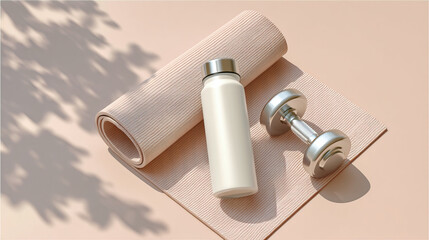 Fototapeta premium Yoga mat with silver dumbbell and white water bottle on beige background with soft shadows for fitness