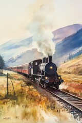 Vintage steam locomotive traveling through picturesque countryside landscape with mountains and lush greenery