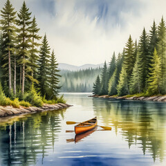 A peaceful watercolor of the Allagash Wilderness Waterway in Maine, with a canoe gliding through quiet pine-lined waters