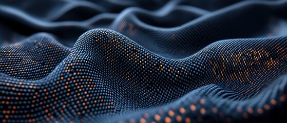 Naklejka premium A dynamic abstract surface with blue waves is illuminated by shimme golden dots close up view.