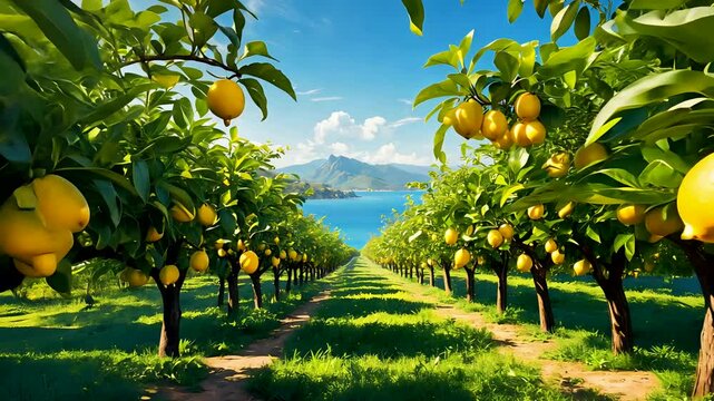 Lemon Trees in Orchard Overlooking Sea on Sunny Day