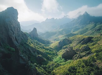 Obraz premium Panoramic view of a lush green valley nestled between majestic mountains under a partly cloudy sky.