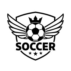 Obraz premium Winged Soccer Logo with Crown and Shield – Flat Black Vector Emblem