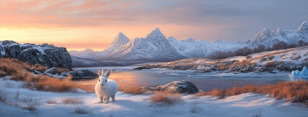 White Arctic hare stands gracefully in snow-covered landscape with mountains and glaciers under a serene sky