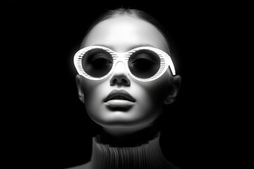 Stylish woman in white sunglasses against a black backdrop. © Agent Neptunus