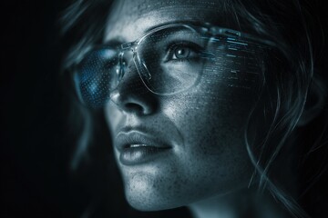 Close-up portrait of a person wearing futuristic glasses.