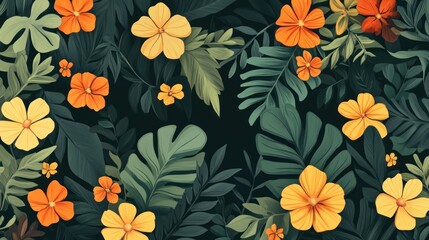 Tropical flowers and leaves pattern