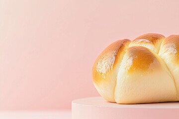 Delicate hand-shaped brioche bun elegantly placed on soft pink stone podium