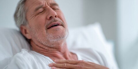 Senior man suffering chest pain while lying in bed