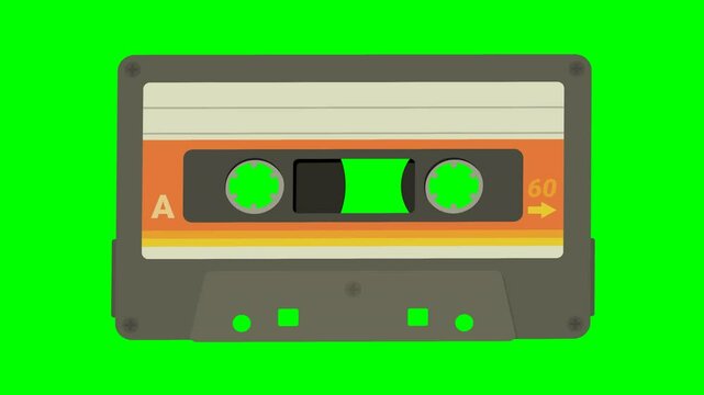 Animation of an old magnetic tape cassette appearing with its label on side A in a flat design style with the tapes rotating on a green screen with alpha channel