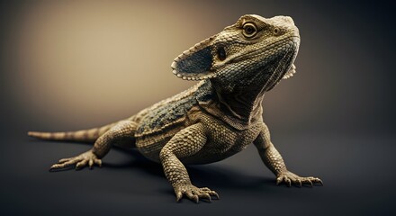 Obraz premium Lizard Standing Tall Looking Upward on Dark Background