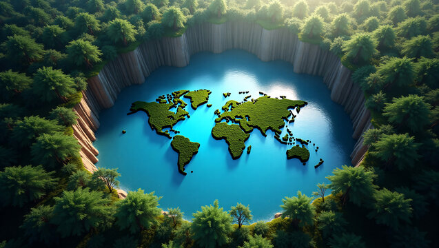 The Earth shaped landform. A visual representation of Earth in a forest setting