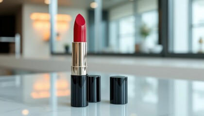 Elegant red lipstick composition with modern home decor background, conveys beauty and sophistication in cosmetic presentation