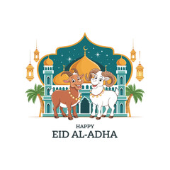 Eid al-Adha Celebration with Cute Sacrificial Goats and Mosque