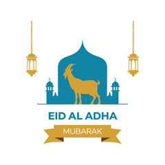 Eid al Adha Mubarak Greeting with Goat, Mosque and Lanterns