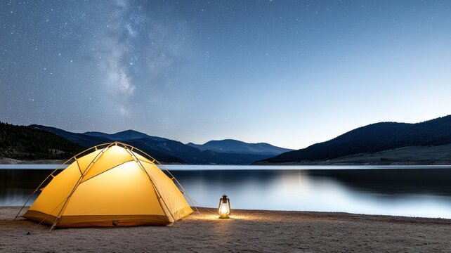 Serene Night Camping by Mountain Lake with Starry Sky and Milky Way camping night lake mountain tent