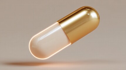 Probiotic Health for Daily Wellness concept. Golden Capsule Floating on a Soft Background, Symbolizing Health and Wellness with Reflections and Lighting Effects for Modern Design Projects