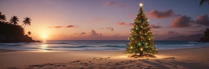 Fototapeta premium Lighted Christmas tree on a secluded tropical beach Sand, ocean, festive escape , sand, Christmas, contrast