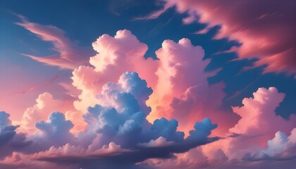 A captivating view of fluffy, cotton candy clouds floating in a vivid pink and blue sky.