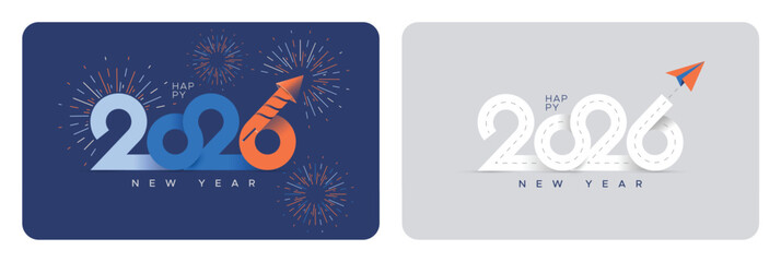 The concept of celebrating the New Year 2026 with fireworks. The concept of heading towards the New Year 2026 with roads and paper planes. Elegant design with typographic style and concept