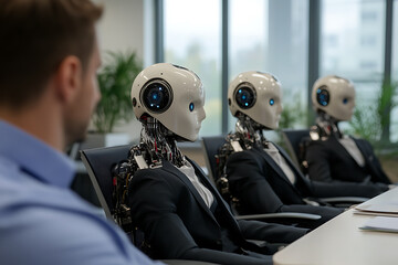 Human and humanoid robots in a corporate meeting, highlighting the fusion of technology and business. The scene suggests potential collaborations.