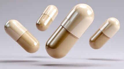 Probiotic Health for Daily Wellness concept. Floating Capsules in Soft Beige Colors Representing Health and Wellness Concepts with Soft Light and Neutral Background for Stock Imagery