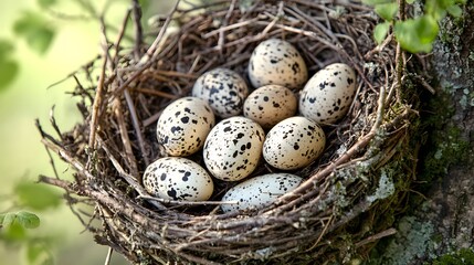 Bird nest with speckled eggs close up nature photography springtime wildlife easter egg hunt avian life