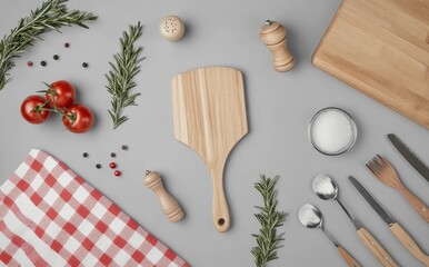 Rustic Kitchen Scene: Wooden Paddle Board with Herbs and Spices