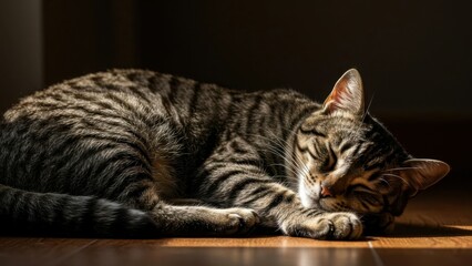 Obraz premium Sleeping tabby cat bathed in sunlight indoors