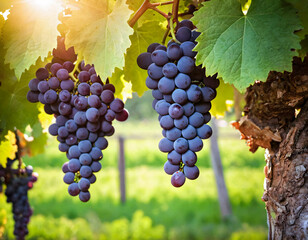 Sunlit Purple Grapes Hanging on Vine Outdoors