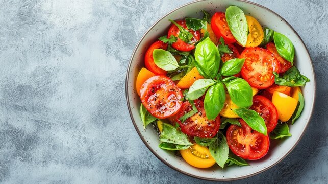 Locally sourced heirloom tomato salad with fresh basil, extra virgin olive oil, and handmade ceramics