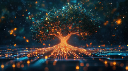 vibrant digital tree grows from a glowing circuit board, blending nature and technology