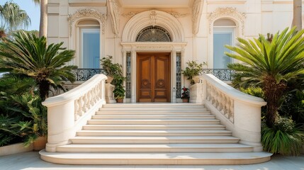 Naklejka premium Elegant house facade with refined architectural details, embodying timeless sophistication and welcoming charm