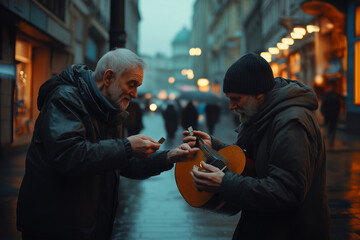 Obraz premium Two Older Men Sharing Funds In A City At Night