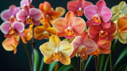 Close-up of several orchids of different colors