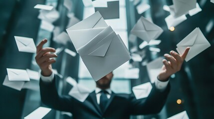 Businessman juggling mail envelopes for email marketing and direct mail campaign strategy concept ideas