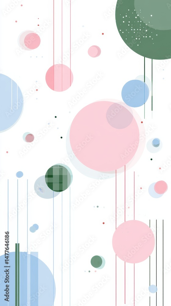Poster pastel colored circles overlapping and intersecting thin vertical lines, forming abstract geometric 