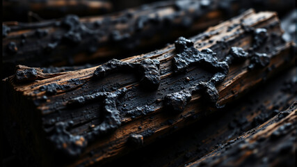 Charred and Burnt Wood Close-Up