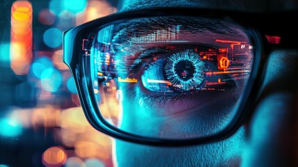 A person wearing futuristic glasses with a digital interface reflecting a cityscape.