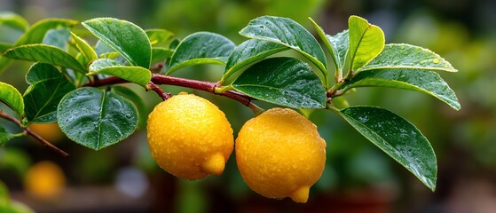 Two wet lemons among shiny foliage