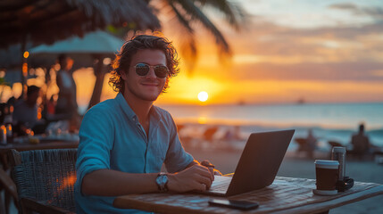 Young Man Working Remotely with Ocean View