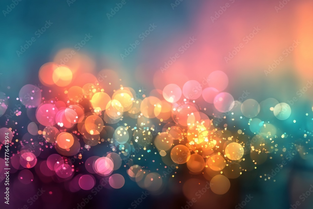 Poster Abstract Glowing Lights: A Festive Display of Colorful Bokeh Effects with Teal Background