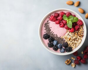 Fototapeta premium Farmfresh smoothie bowl with organic berries, nuts, and seeds, vibrant wellness food styling