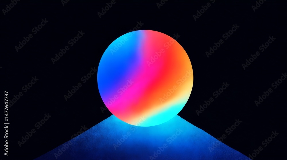 Poster Abstract Neon Orb on a Pyramid, Luminous Sphere with Gradient Colors Against Dark Background