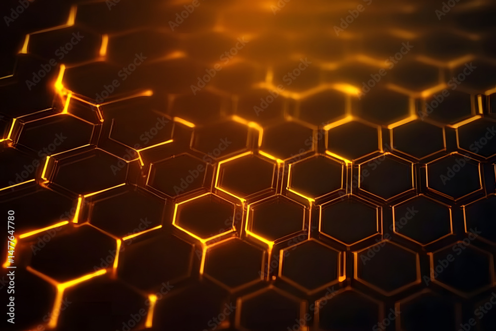 Aufkleber glowing hexagonal grid with orange light on dark background, futuristic digital backdrop with illumi