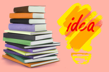 Idea and knowledge. Light bulb illustration and stack of books on pink background