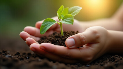 A pair of hands carefully cradling a small green seedling in fertile soil.  Sunlight streams through the foliage, illuminating the delicate sprout and showcasing the care and promise of new growth.  