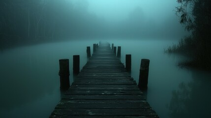 Foggy pier. Mystical. Still water reflects