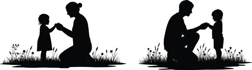 Father, mother, Child, and family Walking Together Silhouette vector art