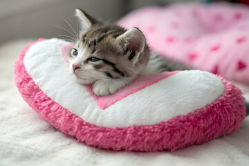 Cute Kitten A cozy kitten resting on a heart-shaped pillow, exuding cuteness and comfort.